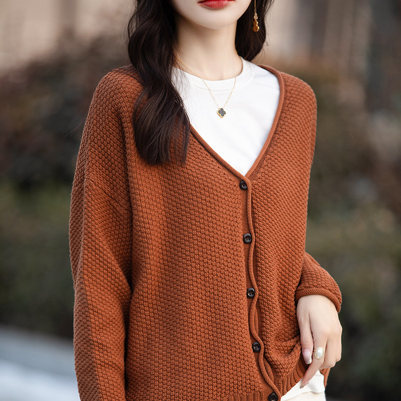 春季新款卷边复古文艺针织V领开衫女外套纯棉线宽松上衣舒适外穿