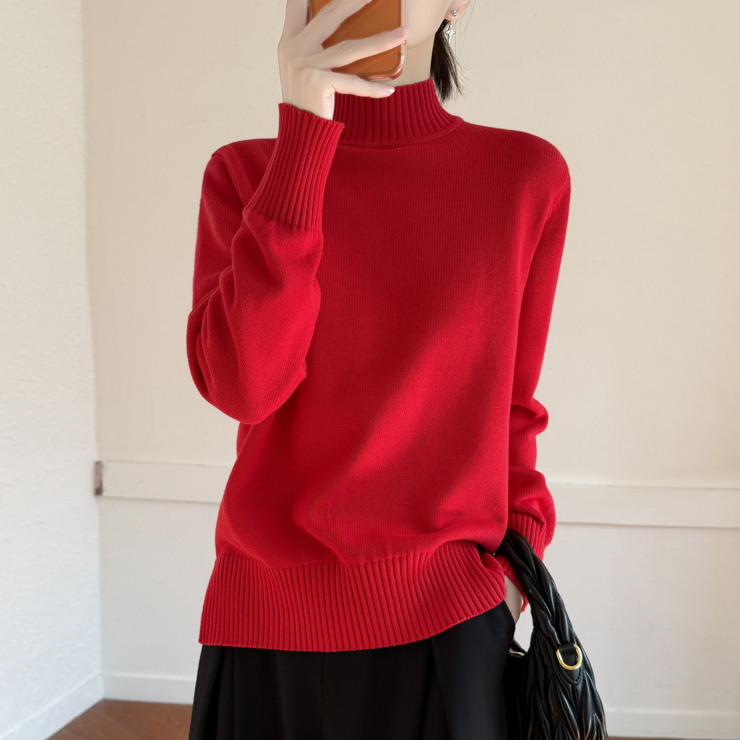 秋冬纯棉线加厚长袖针织衫女半高领内搭保暖毛衣宽松打底开叉上衣