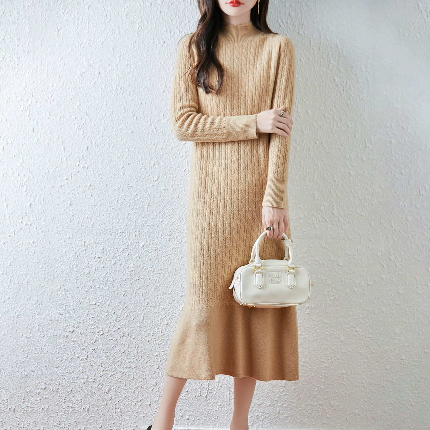 100%纯羊毛衫半高领毛衣裙女中长款秋冬加厚绞花打底针织连衣裙子