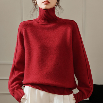 秋冬高领加厚宽松慵懒风100%纯羊毛衫女纯色插肩针织毛衣打底上衣
