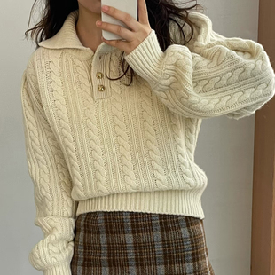 复古秋冬新款加厚100%纯羊毛针织衫女polo领麻花套头毛衣百搭打底