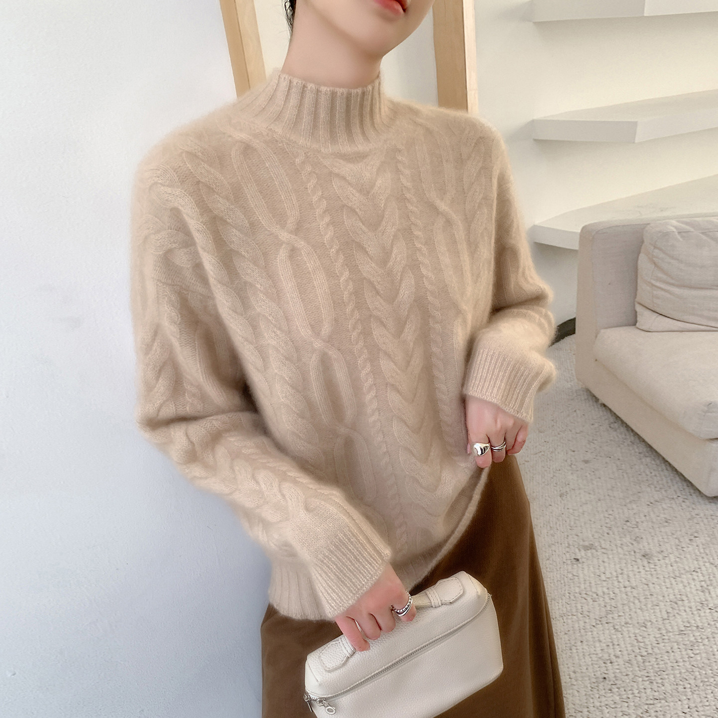 重工半高领扭花加厚羊绒衫女软糯毛衣宽松100%纯羊毛针织打底上衣