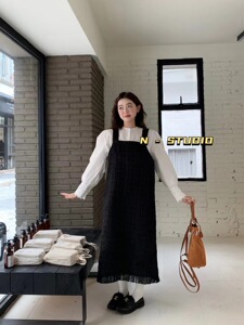 秋冬名媛小香风连衣裙女高级感流苏夹棉背带裙宽松法式花边袖衬衫