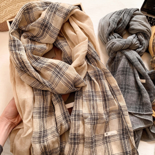 复古拼接格纹围巾女春夏薄款 系脖高级感长条丝巾围脖披肩2026新款