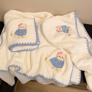 可爱猫咪珊瑚绒浴巾女吸水速干家用成人洗澡裹巾毛巾干发帽三件套