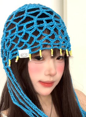 蓝色流苏针织镂空套头帽子女夏季薄款民族风拍照旅游显脸小包头帽