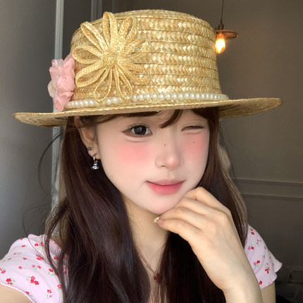 法式田园风珍珠花朵平顶草帽女夏显脸小海边沙滩度假遮阳防晒帽子