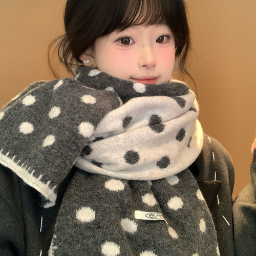 韩系波点双面针织围巾女冬季