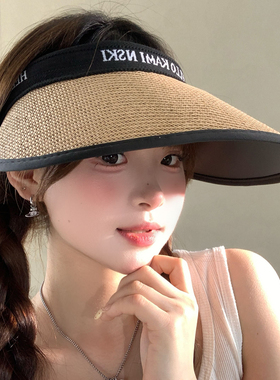 空顶草编黑胶防晒帽女夏季防晒防紫外线遮脸大帽檐遮阳帽子太阳帽