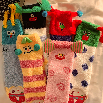 可爱搞怪毛茸茸睡眠袜子女秋冬季保暖珊瑚绒堆堆袜居家地板袜学生