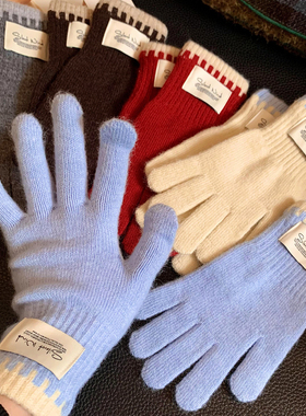 韩系蓝色毛线针织手套女冬季骑行羊毛混纺保暖防寒可触屏五指防风