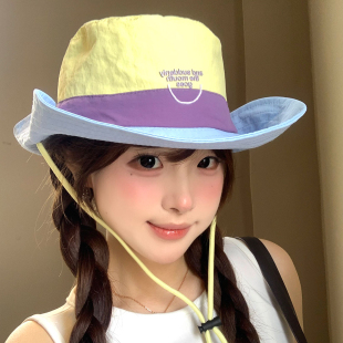 户外徒步遮阳防晒登山帽 拼色字母渔夫帽子女夏季 2026新款 复古工装