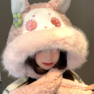 可爱耳朵会动的猫耳朵毛绒帽子围巾一体女冬季加厚保暖护耳雷锋帽
