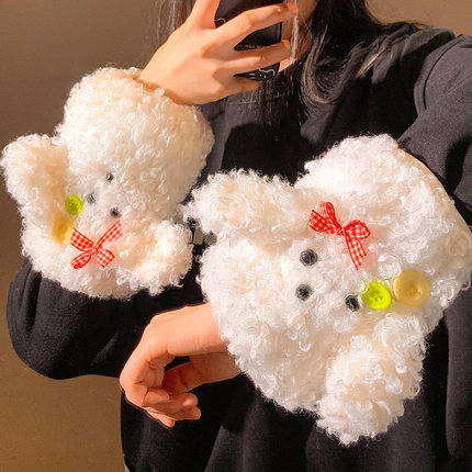 可爱小狗毛绒袖套女秋冬上班耐脏防污学生成人羽绒服护袖手袖套袖