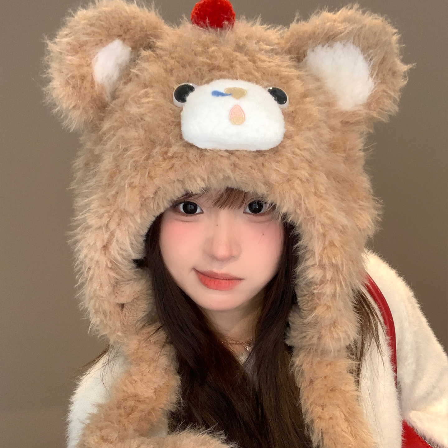 可爱樱桃小熊毛绒帽子女秋冬新款