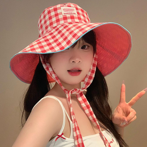 可爱格子渔夫帽女夏季大帽檐帽子
