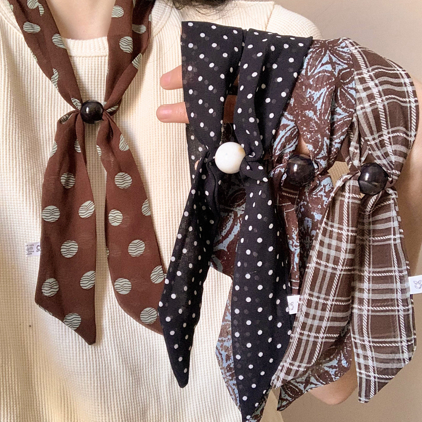 韩系棕色波点丝巾女系脖高级感长条配饰围巾围脖小众装饰复古项链