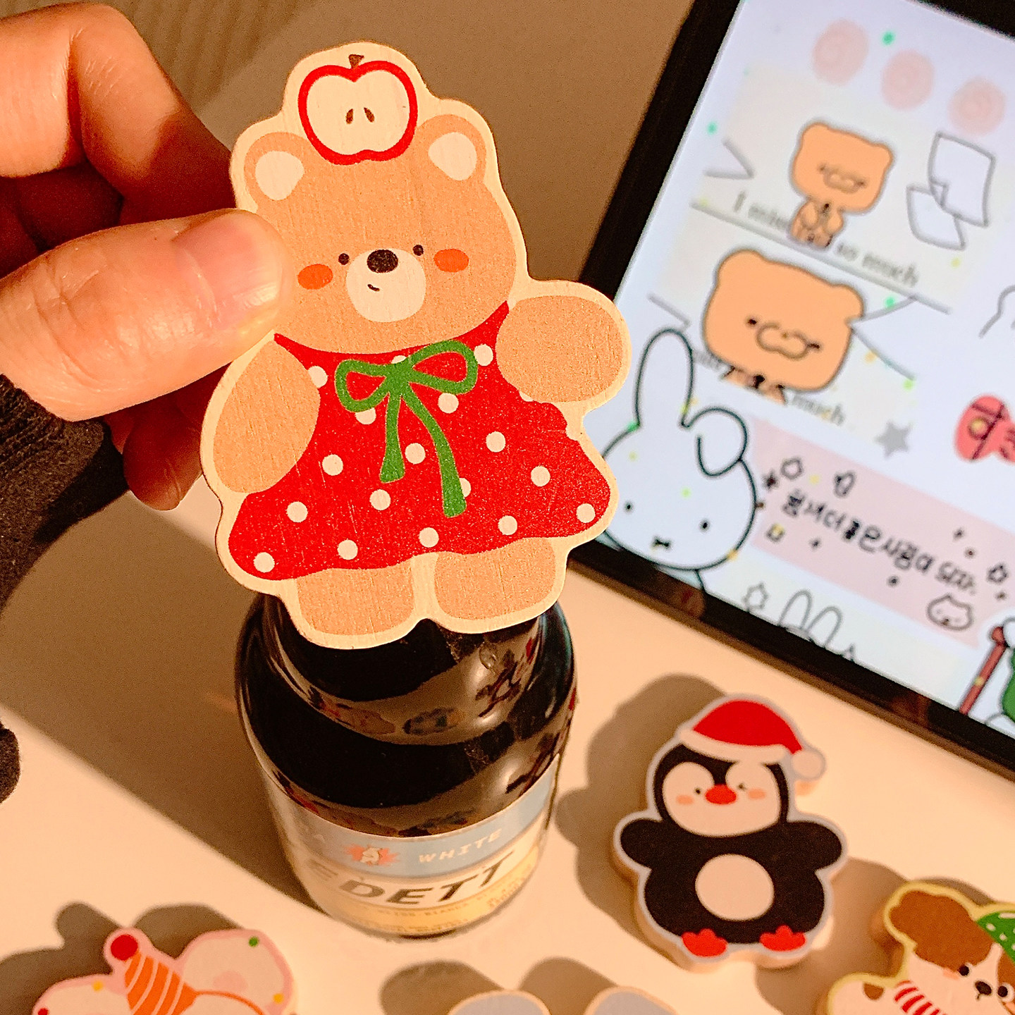 可爱小熊木质开瓶器磁吸冰箱贴多功能榉木启瓶器家用啤酒起子装饰