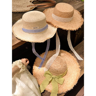 法式 防晒遮阳帽大帽檐帽子海边度假沙滩帽 平顶格子系带草帽女夏季