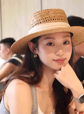 老钱风镂空平顶草帽女夏季沙滩海边度假遮阳防晒帽子法式优雅礼帽