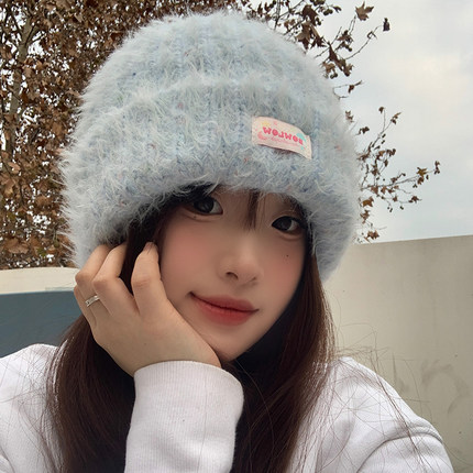 蓝色毛绒针织帽子女秋冬季毛茸茸大头围显脸小保暖可爱毛线帽加厚