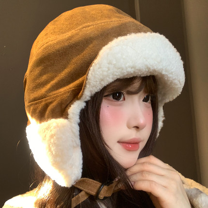 麂皮绒羊羔毛护耳雷锋帽女冬季加绒加厚保暖防寒骑车毛绒飞行帽子
