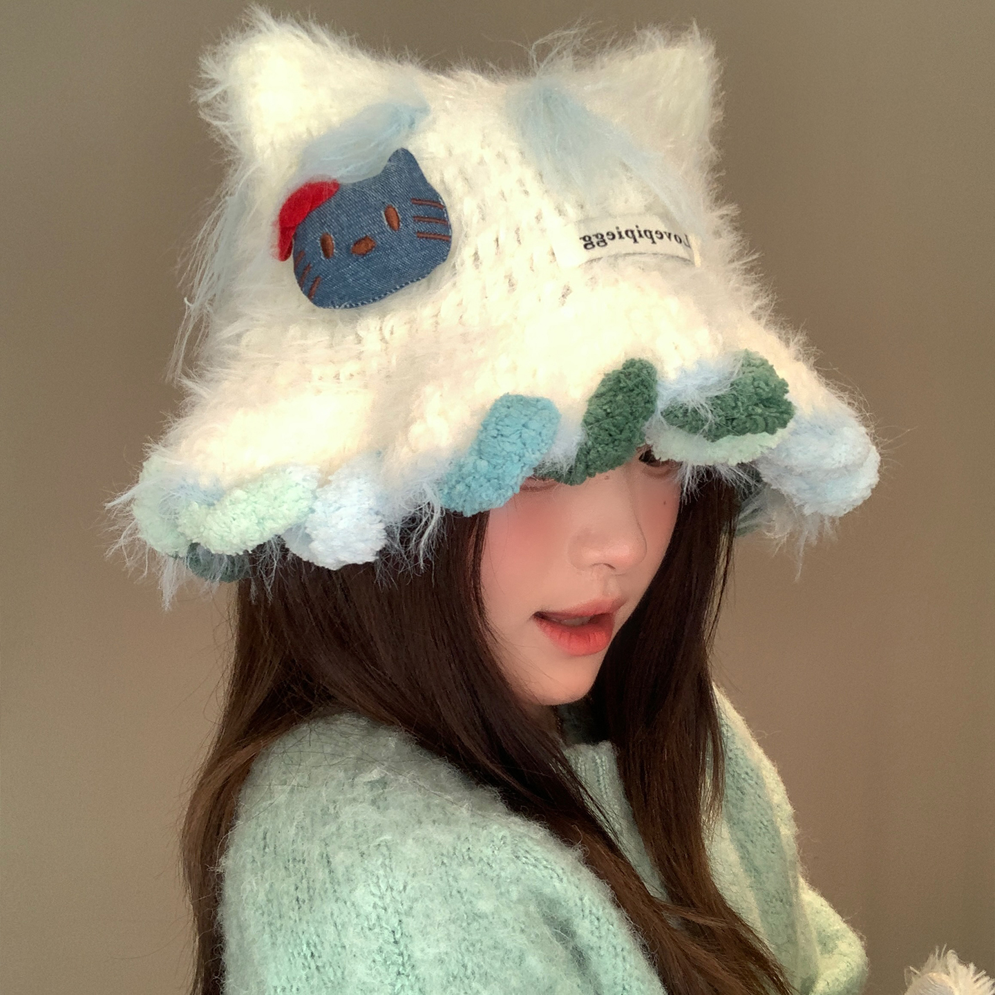 可爱Kitty猫毛绒针织帽子女秋冬