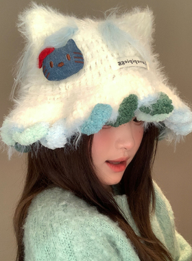 可爱猫咪耳朵毛绒针织帽女秋冬季显脸小毛线帽大头围保暖渔夫帽子