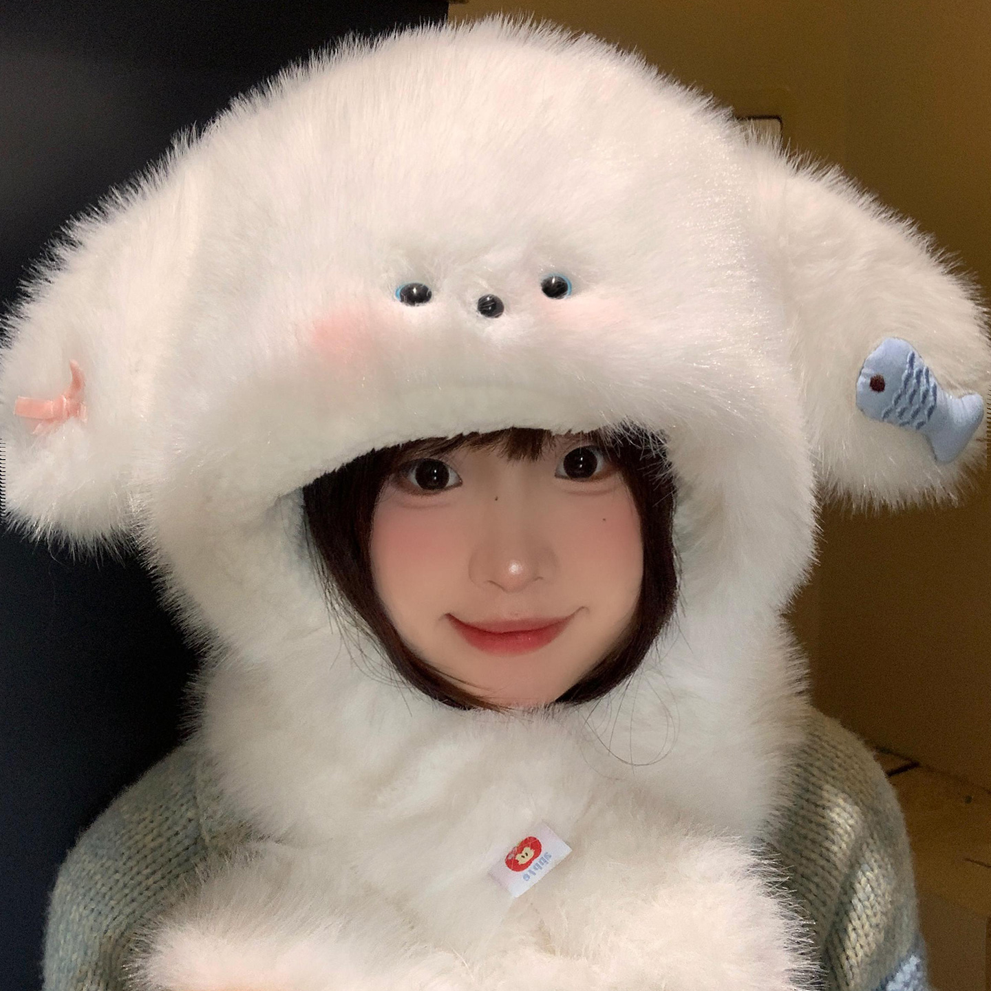 可爱小狗耳朵毛绒帽子围巾一体