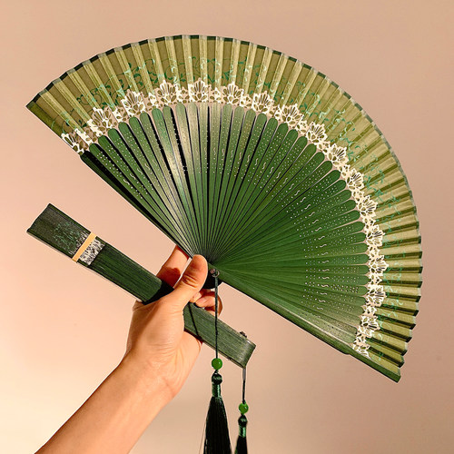 新中式折叠墨绿扇子夏天古风旗袍
