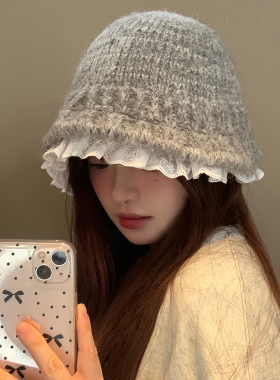 韩系蕾丝花边渔夫帽女秋冬季保暖护耳灰色盆帽针织毛线帽子月子帽