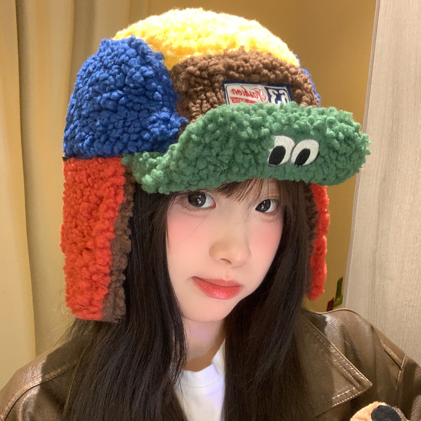 可爱拼色羊羔毛绒雷锋帽女冬季