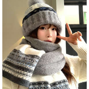 费尔岛风复古针织围巾女秋冬季 百搭加厚保暖防寒护颈围脖毛线帽子
