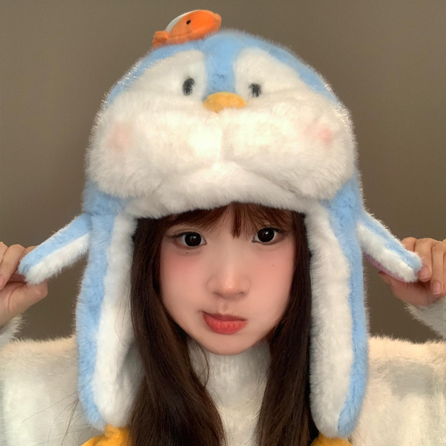 可爱企鹅毛绒帽子女冬季保暖