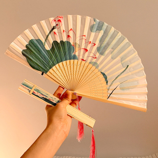 新中式水墨荷花折叠扇子女夏季便携国风汉服旗袍舞蹈古风竹扇折扇