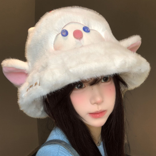 可爱小羊毛绒渔夫帽女秋冬显脸小