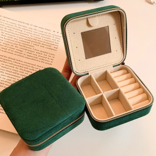 复古绿首饰盒旅行便携大容量戒指项链耳钉小型手饰品收纳盒带镜子