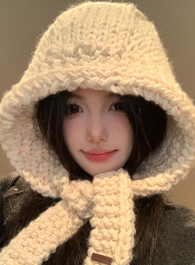 含羊毛手工针织白色巴拉克拉法帽女秋冬季护耳保暖毛线帽2025新款