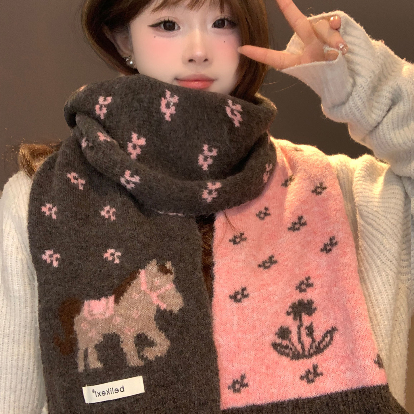 可爱小马双面针织围巾女冬季韩系保暖防寒护颈小围脖2026新年新款,服饰配件/皮带/帽子/围巾,围巾/丝巾/披肩,淘宝优惠券,粉丝福利购,淘宝优惠卷