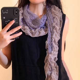 灰紫色波点蕾丝边丝巾女系脖高级感长条夏季 飘带头巾围巾披肩 薄款