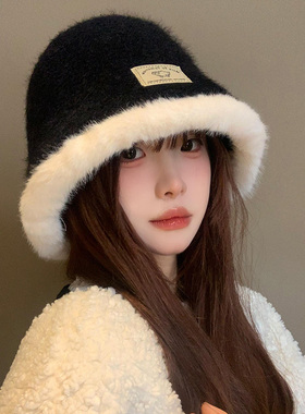 黑色毛绒绒渔夫帽女秋冬季显脸小韩版百搭水桶帽保暖帽子2025新款
