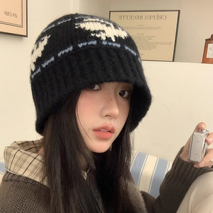 黑色复古针织帽女冬季 韩系百搭显脸小毛线水桶帽加厚防寒保暖帽子