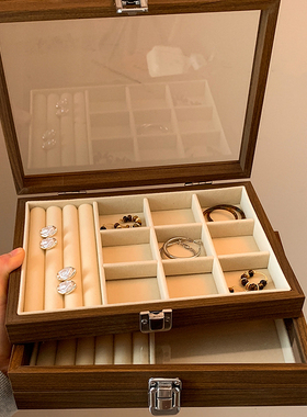 新款胡桃木首饰盒女便携大容量手饰品戒指项链耳钉小型实木收纳盒