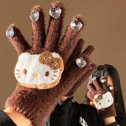 可爱棕色水钻Kitty毛绒针织手套女冬季加绒加厚学生骑行防寒保暖