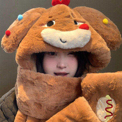 可爱糖豆小狗毛绒帽子围巾一体女冬季加绒加厚保暖防寒手套三件套