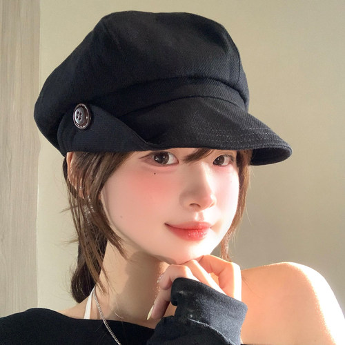 时尚设计感黑色贝雷帽女春夏