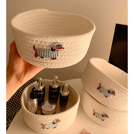 可爱小狗棉绳编织桌面置物收纳筐杂物整理篮卡通化妆品收纳盒家用