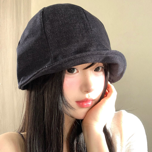 日系复古纯色牛仔渔夫帽女春夏季