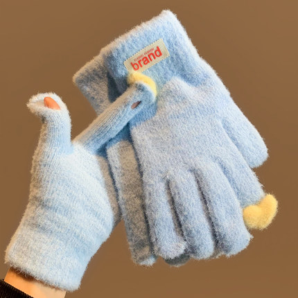 蓝色爱心露指毛绒手套女冬季加厚可触屏分指学生骑行防寒保暖手套