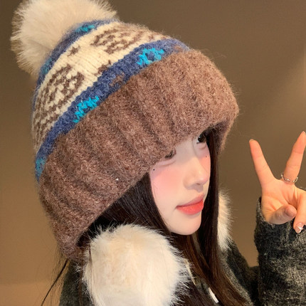 复古费尔岛风毛线针织帽子女冬季加厚保暖显脸小护耳套头帽雷锋帽